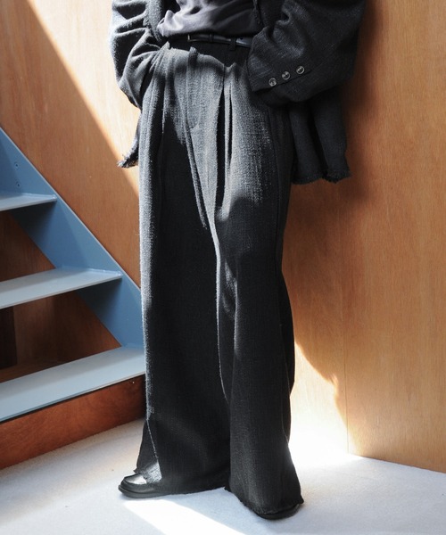 NILWAY（ニルウェイ）の「ツイードハンドフリンジ袴ワイドスラックス/ ワイドパンツ（スラックス・メンズ・ブラック/ブルー/ライトグレー/ブラック×ホワイト・LARGE/SMALL/MEDIUM）」の13枚目の写真