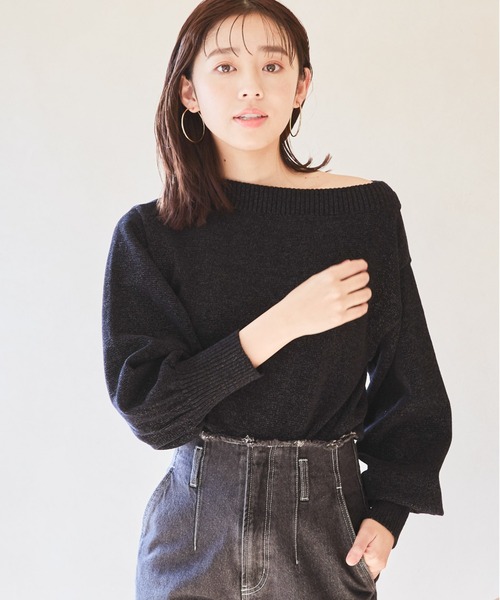 mysty woman（ミスティウーマン）の「ラメモールボートネックプルオーバー　100701（ニット/セーター・レディース・アイボリー/ブラック/ライトブルー/ライトピンク・FREE）」の3枚目の写真