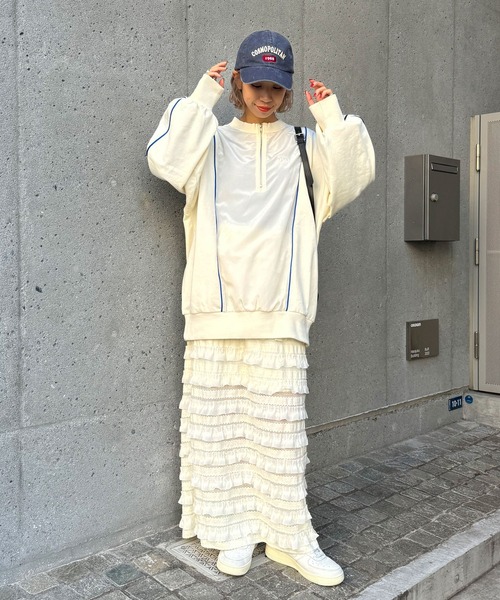 CIAOPANIC(チャオパニック)の「異素材切替サイドラインハーフジッププルオーバー(スウェット・レディース・ネイビー/ブラック/グリーン/オフホワイト・FREE)」の12枚目の写真