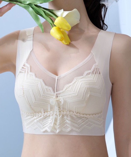 Lace Ladies（レースレディース）の「シェブロン柄 レース リボン ノンワイヤー ブラ ナイトブラ（ナイトブラ・レディース・ピンク/ラベンダー/ベージュ/ブラック・85/80/75）」の2枚目の写真