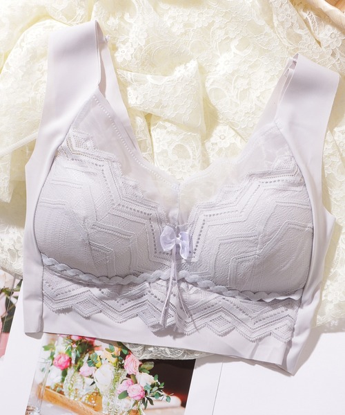 Lace Ladies（レースレディース）の「シェブロン柄 レース リボン ノンワイヤー ブラ ナイトブラ（ナイトブラ・レディース・ピンク/ラベンダー/ベージュ/ブラック・85/80/75）」の18枚目の写真