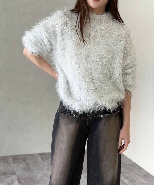 IENA LA BOUCLE ラメチュールハイネックプルオーバー　ホワイト Maison de CINQ｜[日本製]コットンチュールハイネックプル