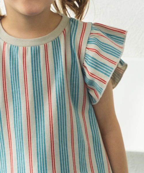 pairmanon（ペアマノン）の「【リンクコーデ】オリジナル総柄プリント 肩フリルTシャツワンピース（ワンピース・キッズ・パープル/ストライプ/ピンク/ライトブルー・110/120/130/90/100/140/150）」の7枚目の写真