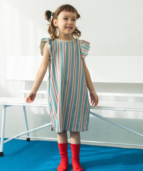 pairmanon（ペアマノン）の「【リンクコーデ】オリジナル総柄プリント 肩フリルTシャツワンピース（ワンピース・キッズ・パープル/ストライプ/ピンク/ライトブルー・110/120/130/90/100/140/150）」の6枚目の写真