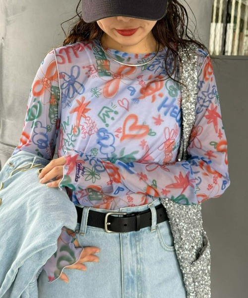 HELLO.SANFRANCISCO(ハローサンフランシスコ)の「≪新色追加≫【HELLO.SANFRANCISCO】ハンドペイントプリントシアーTEE(Tシャツ/カットソー・レディース・オレンジ/アイボリー/ブラック/ブルー/ホワイト/パープル・ONE SIZE)」の5枚目の写真