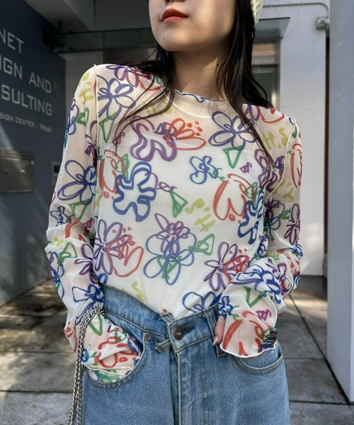 HELLO.SANFRANCISCO(ハローサンフランシスコ)の「≪新色追加≫【HELLO.SANFRANCISCO】ハンドペイントプリントシアーTEE(Tシャツ/カットソー・レディース・オレンジ/アイボリー/ブラック/ブルー/ホワイト/パープル・ONE SIZE)」の7枚目の写真
