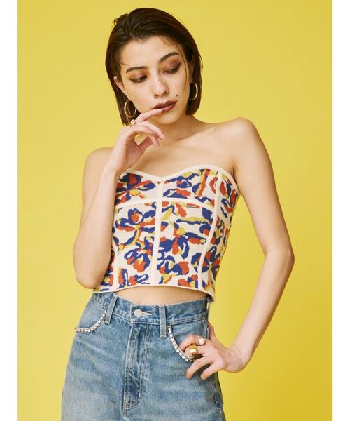 EVRIS（エヴリス）の「コルセットデザインジャガードビスチェ（チューブトップ・レディース・ホワイト/ブラック・FREE）」の3枚目の写真