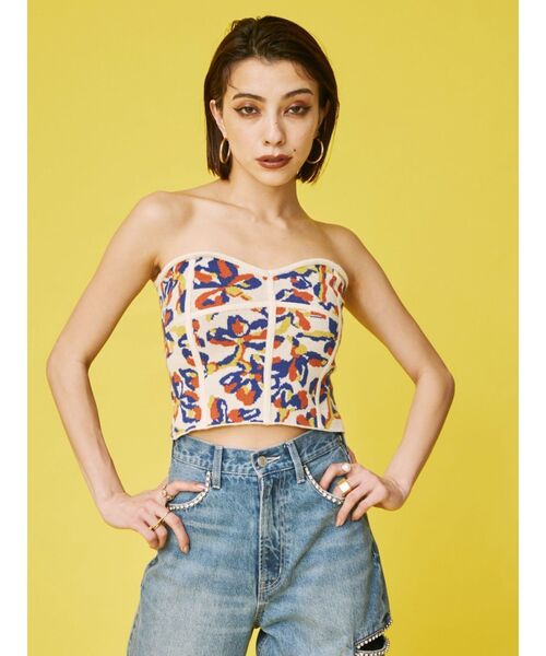 EVRIS（エヴリス）の「コルセットデザインジャガードビスチェ（チューブトップ・レディース・ホワイト/ブラック・FREE）」の4枚目の写真