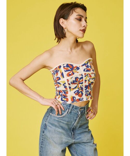 EVRIS（エヴリス）の「コルセットデザインジャガードビスチェ（チューブトップ・レディース・ホワイト/ブラック・FREE）」の5枚目の写真