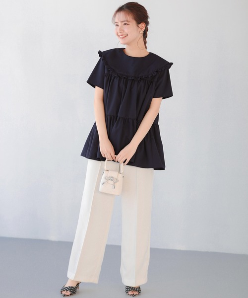 Fit more ブラウス シャツ Aライン裾フリルラウンドカラー