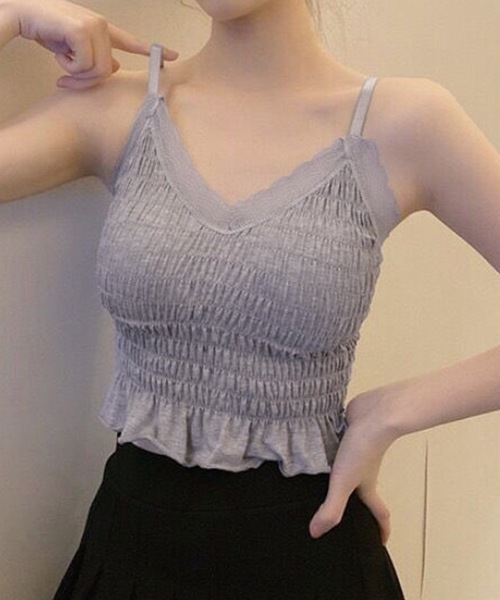 Lace Ladies(レースレディース)の「フリル シャーリング Vネック カップ付き キャミソール(キャミソール・レディース・グレー/ブラック/ブラウン/ホワイト・FREE)」の3枚目の写真