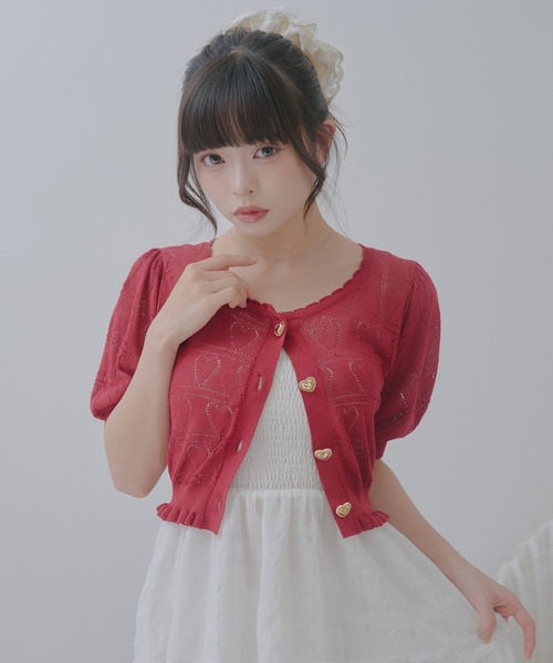 DearMyLoveRose(ディアマイラブローズ)の「透かしハートラメニットカーディガン(ニット/セーター・レディース・ホワイト/ブラック/レッド/ブルー/ベビーピンク・M-L/L~LL/LL~3L)」の1枚目の写真