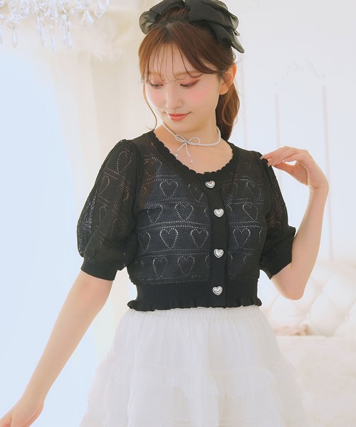 DearMyLoveRose(ディアマイラブローズ)の「透かしハートラメニットカーディガン(ニット/セーター・レディース・ホワイト/ブラック/レッド/ブルー/ベビーピンク・M-L/L~LL/LL~3L)」の3枚目の写真