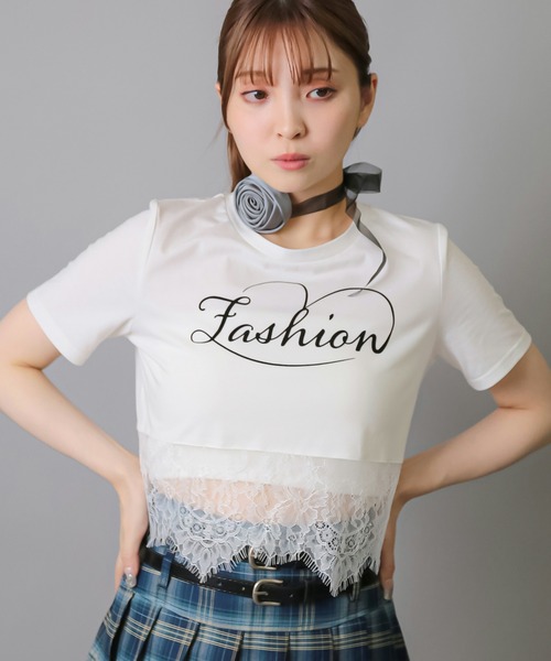 SPINNS(スピンズ)の「レースドッキング半袖ショートTシャツ(Tシャツ/カットソー・レディース・ホワイト/ブラック・ONESIZE)」の1枚目の写真
