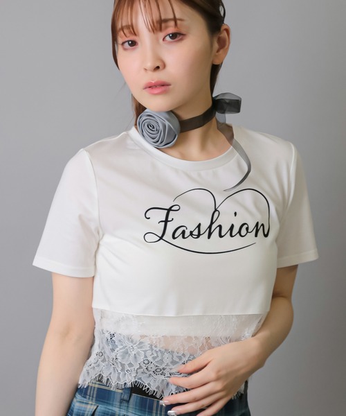 SPINNS(スピンズ)の「レースドッキング半袖ショートTシャツ(Tシャツ/カットソー・レディース・ホワイト/ブラック・ONESIZE)」の3枚目の写真