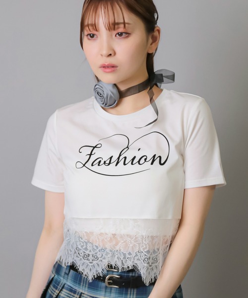 SPINNS(スピンズ)の「レースドッキング半袖ショートTシャツ(Tシャツ/カットソー・レディース・ホワイト/ブラック・ONESIZE)」の4枚目の写真