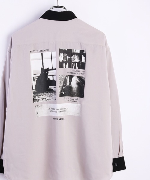 【セール】NAIVE MAGIC バック黒猫プリント＆ロゴ刺繍 ルーズサイズ 長袖 クレリックシャツ ポケット付（シャツ/ブラウス）｜Naive magic（ナイーブマジック）