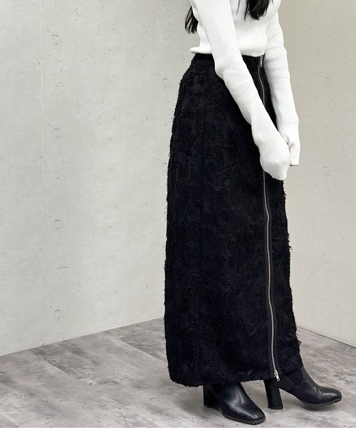 Per sist ence（パーシエンス）の「フリンジジャガードフロントジップスカート（スカート・レディース・ブラック/オフホワイト・FREE）」の5枚目の写真