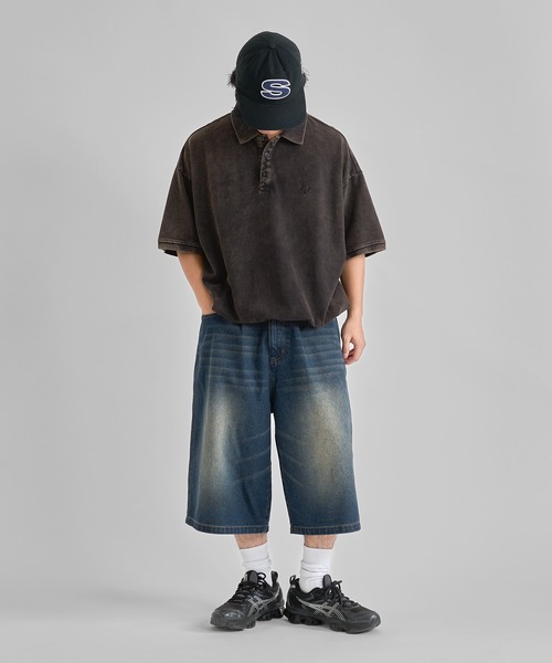 LRG 刺繍デザイン 極太 オーバーサイズ 先染 デニムショーツ バギーパンツ REDAPE B系 刺繍 極太 オーバーサイズ デニム バギーパンツ