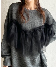 ビスチェ風シアーレイヤードチュールドッキングニットトップス
