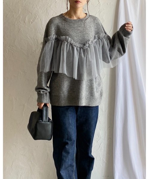 She's Closet(シーズクローゼット)の「ビスチェ風シアーレイヤードチュールドッキングニットトップス(ニット/セーター・レディース・ブラック/グレー/アイボリー/チャコールグレー・FREE)」の6枚目の写真