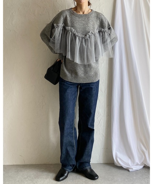 She's Closet(シーズクローゼット)の「ビスチェ風シアーレイヤードチュールドッキングニットトップス(ニット/セーター・レディース・ブラック/グレー/アイボリー/チャコールグレー・FREE)」の7枚目の写真