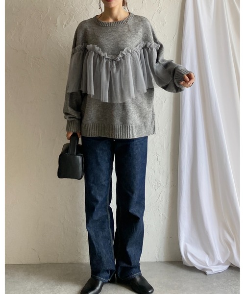 She's Closet(シーズクローゼット)の「ビスチェ風シアーレイヤードチュールドッキングニットトップス(ニット/セーター・レディース・ブラック/グレー/アイボリー/チャコールグレー・FREE)」の8枚目の写真