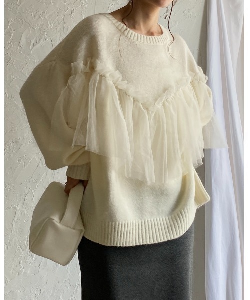 She's Closet(シーズクローゼット)の「ビスチェ風シアーレイヤードチュールドッキングニットトップス(ニット/セーター・レディース・ブラック/グレー/アイボリー/チャコールグレー・FREE)」の11枚目の写真