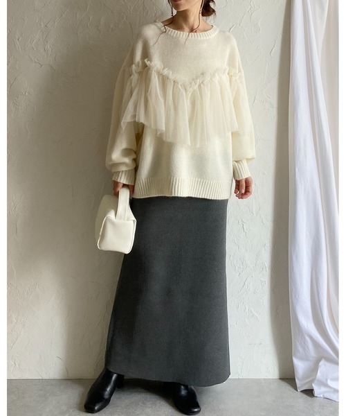 She's Closet(シーズクローゼット)の「ビスチェ風シアーレイヤードチュールドッキングニットトップス(ニット/セーター・レディース・ブラック/グレー/アイボリー/チャコールグレー・FREE)」の12枚目の写真