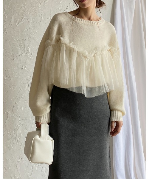 She's Closet(シーズクローゼット)の「ビスチェ風シアーレイヤードチュールドッキングニットトップス(ニット/セーター・レディース・ブラック/グレー/アイボリー/チャコールグレー・FREE)」の14枚目の写真