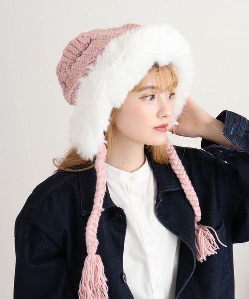 FUNALIVE(ファンアライブ)の「RUCCHE 猫耳裏ボアフリンジニットキャップ(ニットキャップ/ビーニー・レディース・ブラック/ベージュ/ホワイト/ピンク/ブラウン・FREE)」の5枚目の写真