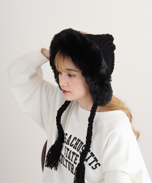 FUNALIVE(ファンアライブ)の「RUCCHE 猫耳裏ボアフリンジニットキャップ(ニットキャップ/ビーニー・レディース・ブラック/ベージュ/ホワイト/ピンク/ブラウン・FREE)」の7枚目の写真