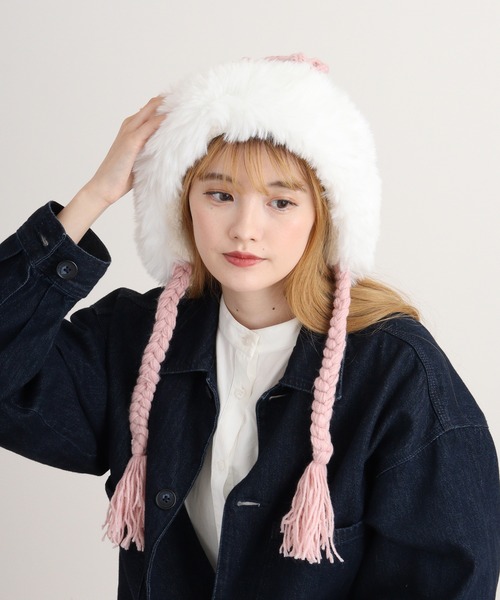 FUNALIVE(ファンアライブ)の「RUCCHE 猫耳裏ボアフリンジニットキャップ(ニットキャップ/ビーニー・レディース・ブラック/ベージュ/ホワイト/ピンク/ブラウン・FREE)」の10枚目の写真