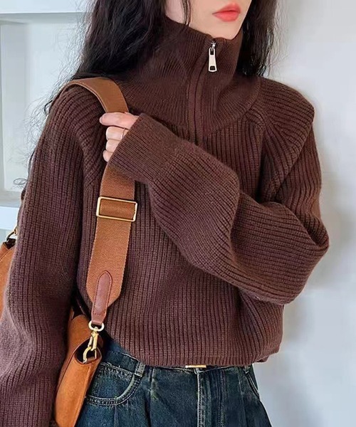 ハイネック ハーフジップ ニット クロップド丈 レディース（ニット