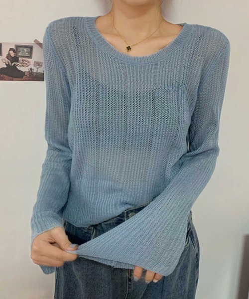 SPIGA(スピーガ)の「透かし編みクロップ丈ニット(ニット/セーター・レディース・ベージュ/ブラック/ホワイト/ブルー・FREE)」の1枚目の写真