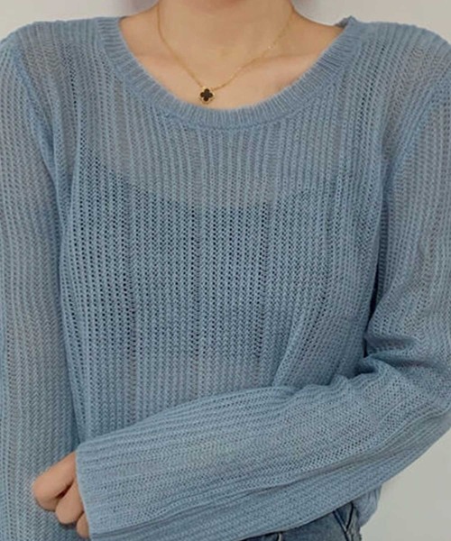 SPIGA(スピーガ)の「透かし編みクロップ丈ニット(ニット/セーター・レディース・ベージュ/ブラック/ホワイト/ブルー・FREE)」の7枚目の写真