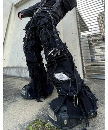 UNIZ | ストリートファッション UNIZ ユニズ BLACK MONSTER PANTS 長ズボン フルレングス デニムパンツ ワイドデニム ダメージデニム ジーンズ サスペンダーデニムパンツ ツギハギデニム グランジデニム スタッズデニム レイヤードデニムパンツ オーバーサイズ(デニムパンツ)