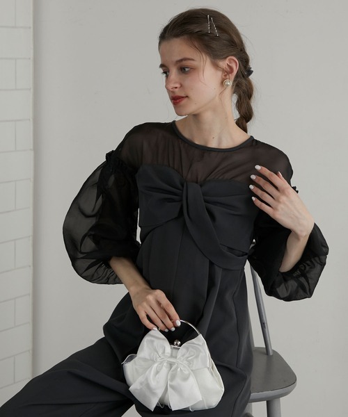 黒いリボン付きバルーンドレス レース切替リボンドレス(ブラック)SR1-308BL-M | OTONA DRESS