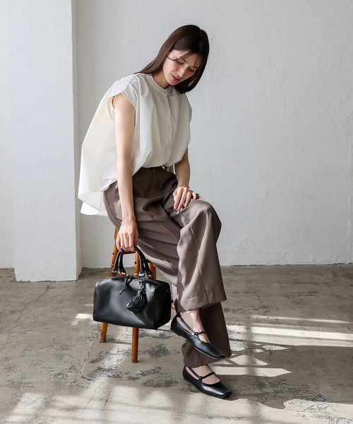 No Rule No Line（ノール－ルノーライン）の「リラックスフレンチスリーブ バンドカラートップス バンドカラーシャツ（Tシャツ/カットソー・レディース・ホワイト/ライトグレー/ブラック・FREE）」の4枚目の写真