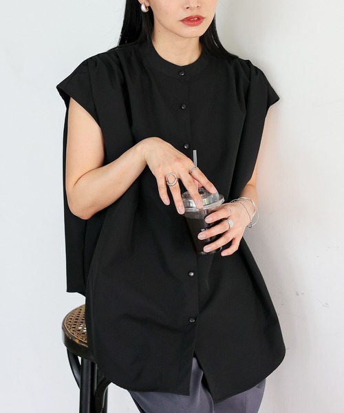 No Rule No Line(ノール-ルノーライン)の「リラックスフレンチスリーブ バンドカラートップス バンドカラーシャツ(Tシャツ/カットソー・レディース・ホワイト/ライトグレー/ブラック・FREE)」の7枚目の写真