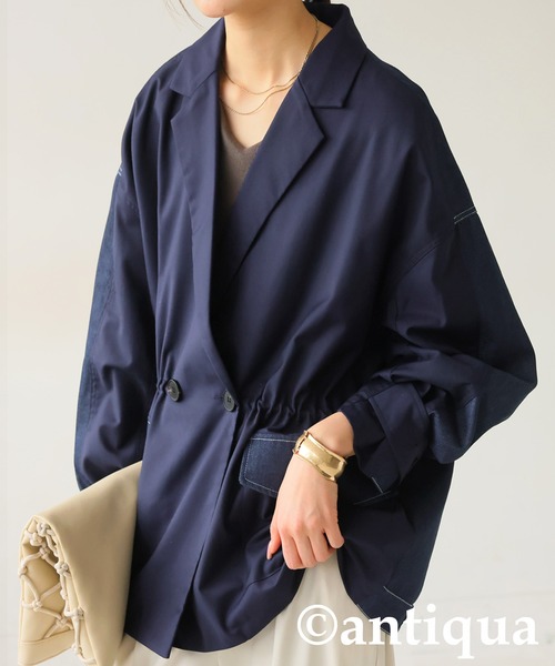 antiqua(アンティカ)の「デニム切り替えジャケット(テーラードジャケット・レディース・ブルー/ブラック・ONESIZE)」の1枚目の写真