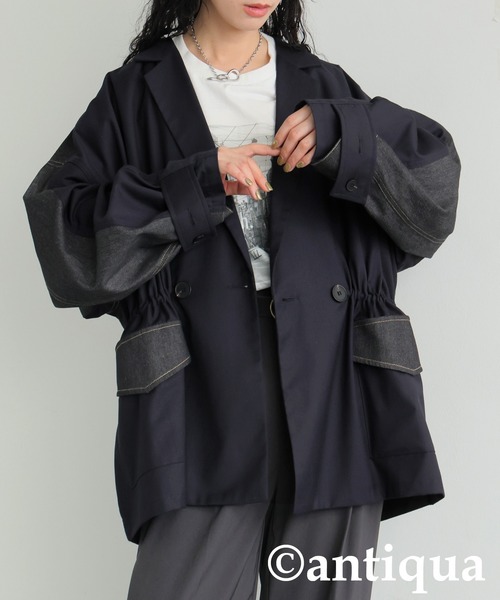 antiqua(アンティカ)の「デニム切り替えジャケット(テーラードジャケット・レディース・ブルー/ブラック・ONESIZE)」の3枚目の写真