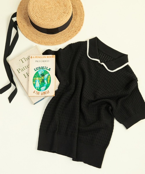 CHILD WOMAN（チャイルドウーマン）の「☆coolcottonケーブル編み 丸襟半袖プルオーバー（ニット/セーター・レディース・アイボリー/ブラック/ネイビー/レッド・FREE）」の3枚目の写真