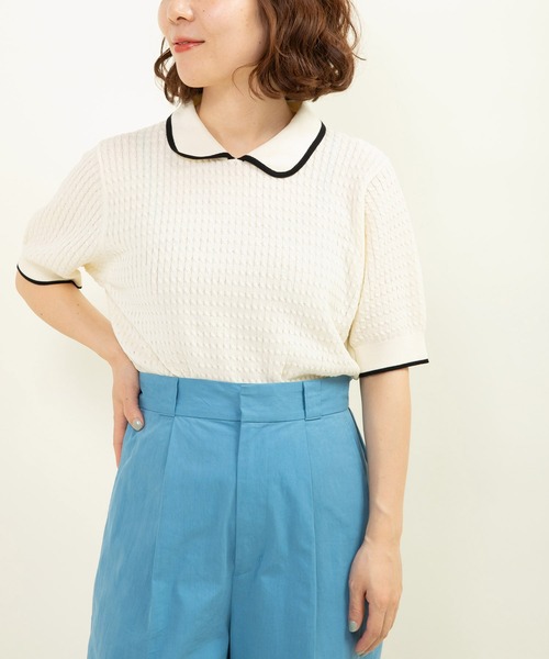 CHILD WOMAN（チャイルドウーマン）の「☆coolcottonケーブル編み 丸襟半袖プルオーバー（ニット/セーター・レディース・アイボリー/ブラック/ネイビー/レッド・FREE）」の5枚目の写真