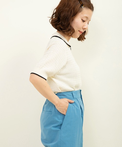 CHILD WOMAN（チャイルドウーマン）の「☆coolcottonケーブル編み 丸襟半袖プルオーバー（ニット/セーター・レディース・アイボリー/ブラック/ネイビー/レッド・FREE）」の6枚目の写真