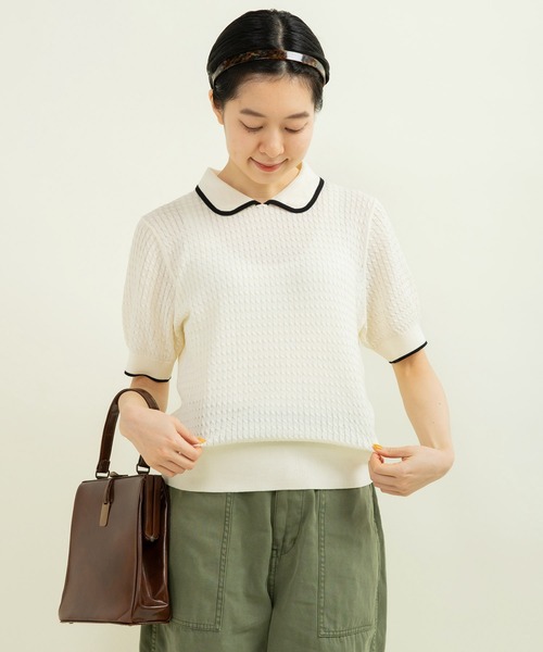 CHILD WOMAN（チャイルドウーマン）の「☆coolcottonケーブル編み 丸襟半袖プルオーバー（ニット/セーター・レディース・アイボリー/ブラック/ネイビー/レッド・FREE）」の11枚目の写真