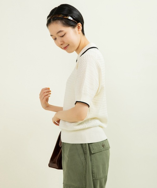 CHILD WOMAN（チャイルドウーマン）の「☆coolcottonケーブル編み 丸襟半袖プルオーバー（ニット/セーター・レディース・アイボリー/ブラック/ネイビー/レッド・FREE）」の12枚目の写真