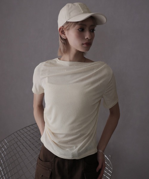 tシャツ ドレープデザインシアートップス/ホワイト レディース tシャツ サイドラインリボンシアートップス レディース