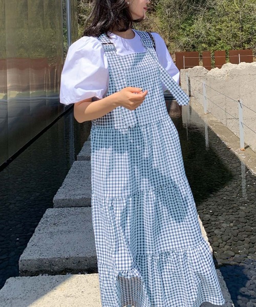 LAFFMO（ラフモ）の「ギンガムチェックティアードフレアジャンパースカート（ワンピース・レディース・ブルー/ブラック・F）」の2枚目の写真