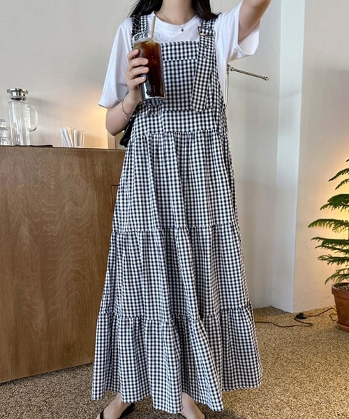 LAFFMO（ラフモ）の「ギンガムチェックティアードフレアジャンパースカート（ワンピース・レディース・ブルー/ブラック・F）」の4枚目の写真